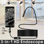 2m Wire Type-C+USB+Micro USB Endoscope Industrial Borescope Waterproof Inspection 7mm Snake Camera- Hard Wire