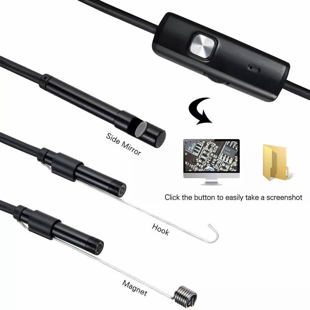 2m Wire Type-C+USB+Micro USB Endoscope Industrial Borescope Waterproof Inspection 7mm Snake Camera- Hard Wire