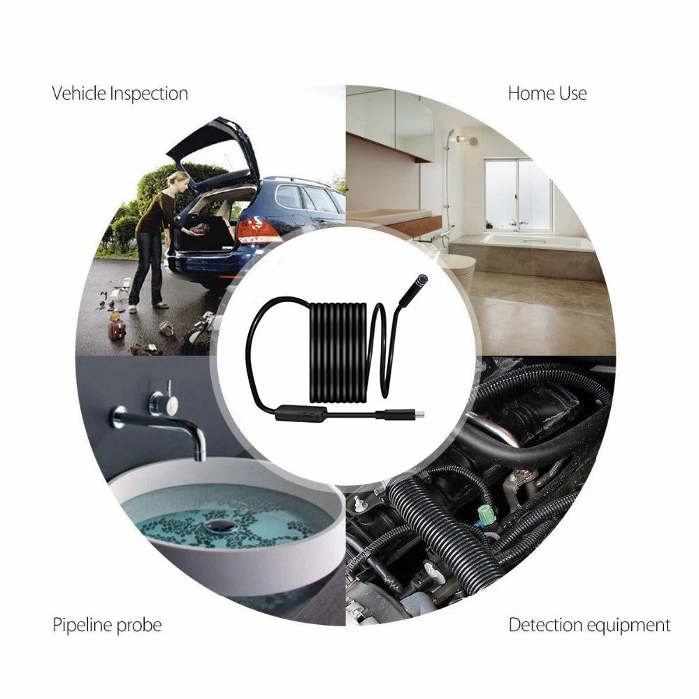 2m Wire Type-C+USB+Micro USB Endoscope Industrial Borescope Waterproof Inspection 7mm Snake Camera- Hard Wire