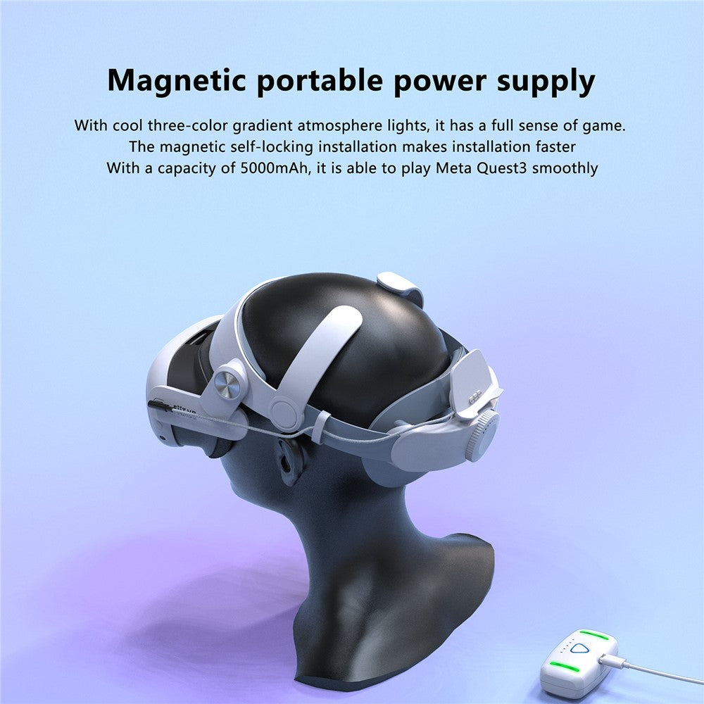 T302POWER Til Meta Quest 3 / Quest 3S Hovedbånd VR Headset Tilbehør Hovedrem med Omgivende Belysning 5000mAh Batteri
