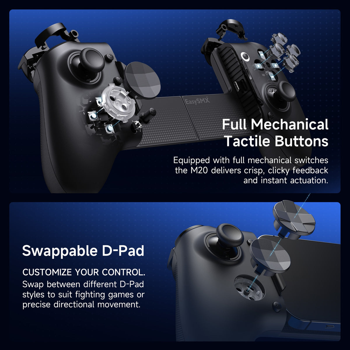 EASYSMX M20 Retractable Handle Grip Extendable Controller Type-C Direct Connect with Dual Mode Hall Triggers for Mobile Gaming