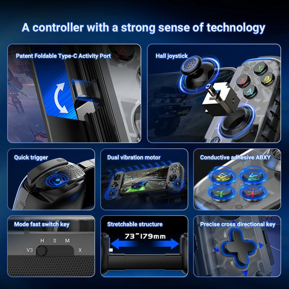 D6mini Stretching Gaming Controller with Hall Joystick Dual Mode Bluetooth-compatible Wired Gamepad for Android iOS Switch PC