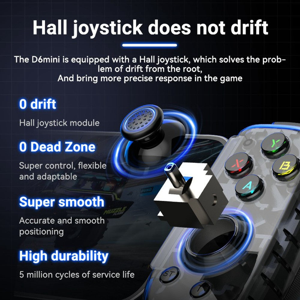 D6mini Stretching Gaming Controller with Hall Joystick Dual Mode Bluetooth-compatible Wired Gamepad for Android iOS Switch PC
