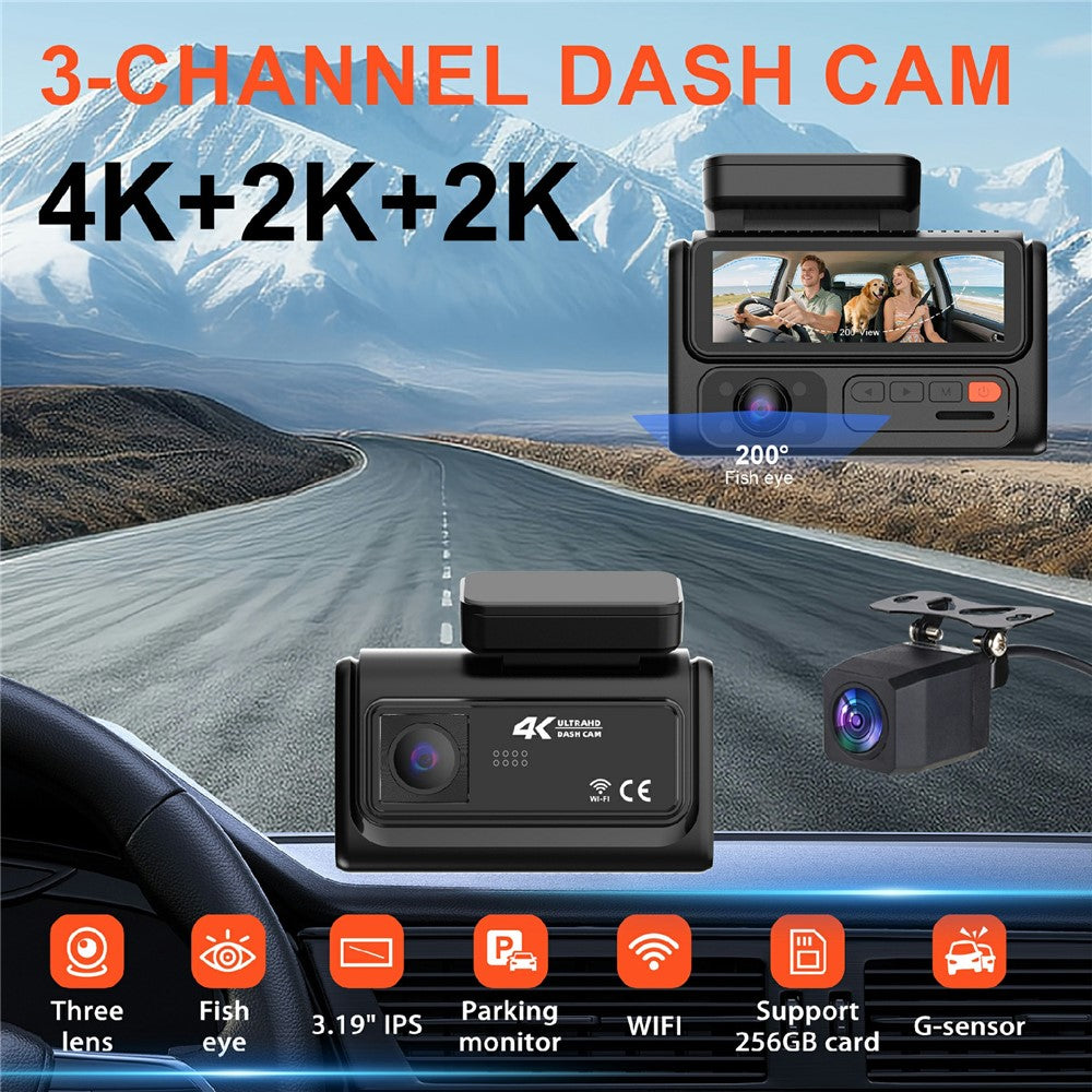 F310 3-Channel Dash Cam 4K+2K+2K Three Lens 3.19 inch IPS Screen WiFi Night Vision G-Sensor (without TF Card)