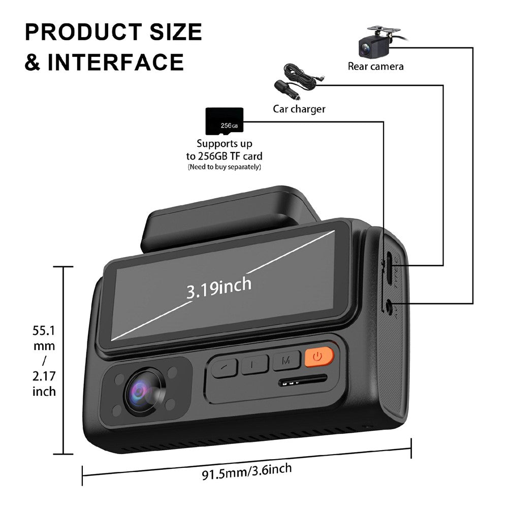 F310 3-Channel Dash Cam 4K+2K+2K Three Lens 3.19 inch IPS Screen WiFi Night Vision G-Sensor (without TF Card)