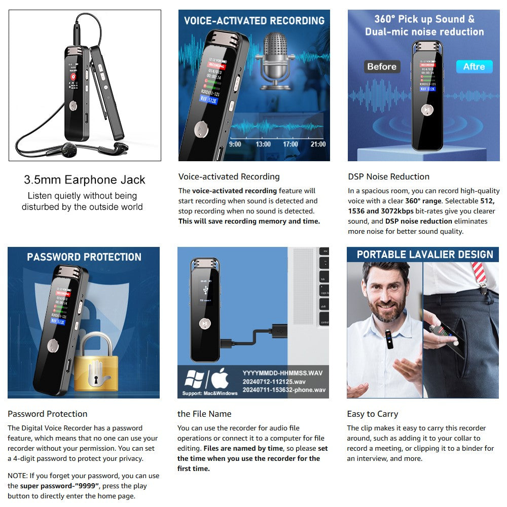 8835 64GB Digital Voice Recorder Dual Microphone Noise Reduction Recorder for Business Meetings Interviews