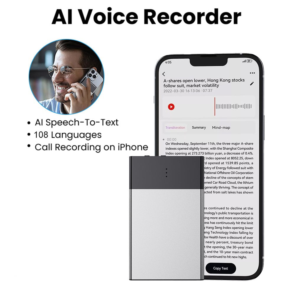 UP-11 32GB AI-stemmeoptager Realtids tale til tekst 108-sprogs oversættelse Bluetooth-kompatibel optager til møder og interviews