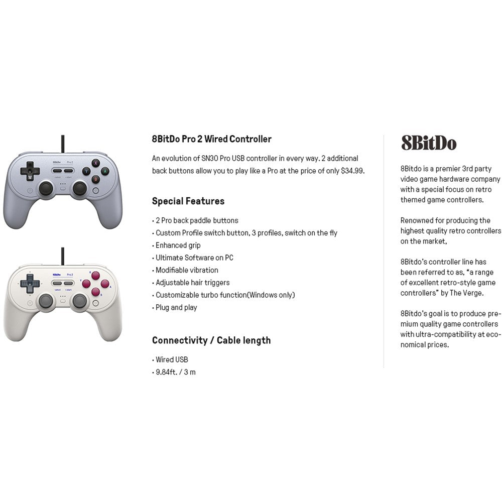 8BITDO Pro 2 Wired Controller Steam Game Console Gamepad with Modifiable Vibration for Nintendo Switch/Windows