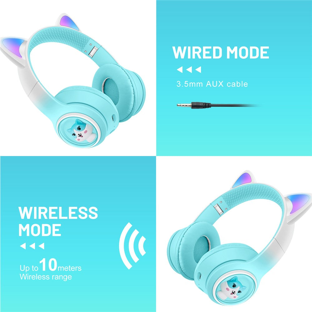 AKZ-02 Color Light Cat Ear Wireless Bluetooth-compatible Headphone Heavy Bass E-Sport Head-Mounted Headset