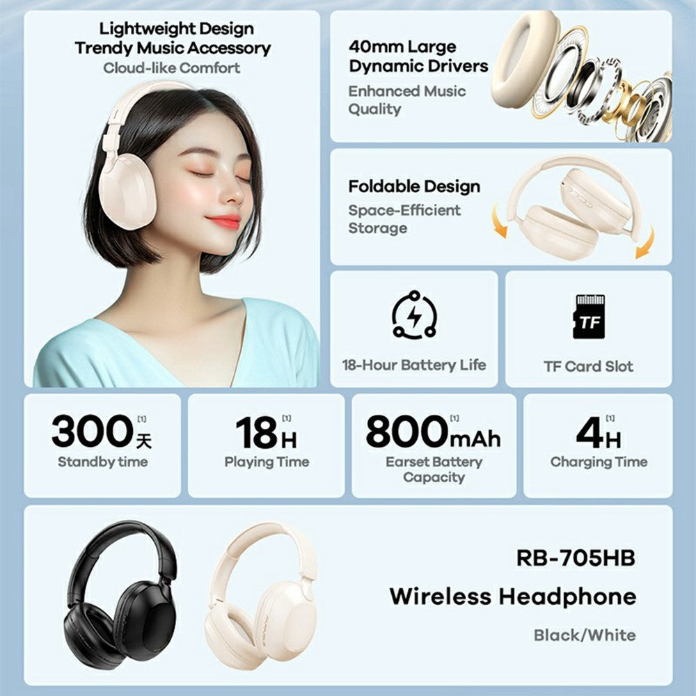 REMAX RB-705HB Trådløse Hovedtelefoner Bluetooth-kompatibelt Over-Ear Headset 18 Timers Spilletid Lang Batterilevetid