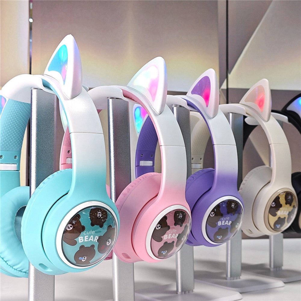 AKZ AKZ-02D Glowing Cat Ear Headphone Bluetooth-Compatible Wireless Deep Bass Gaming Headset