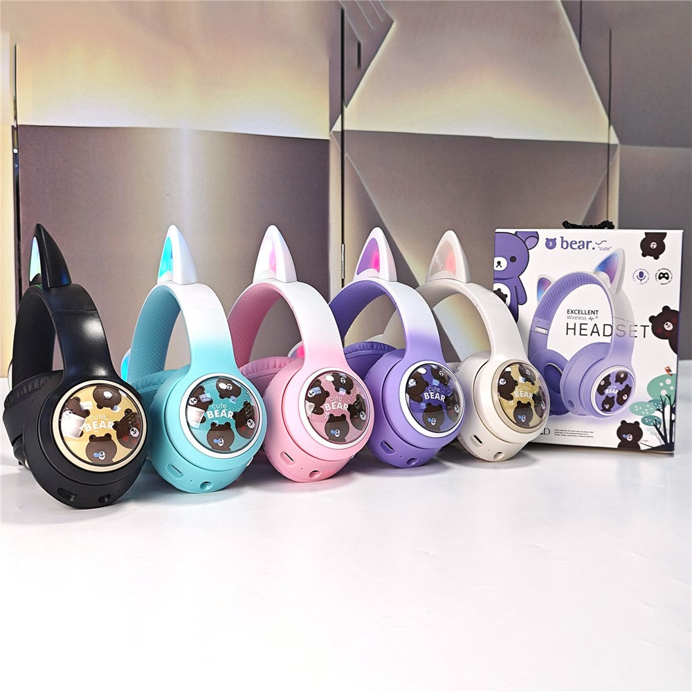 AKZ AKZ-02D Glowing Cat Ear Headphone Bluetooth-Compatible Wireless Deep Bass Gaming Headset