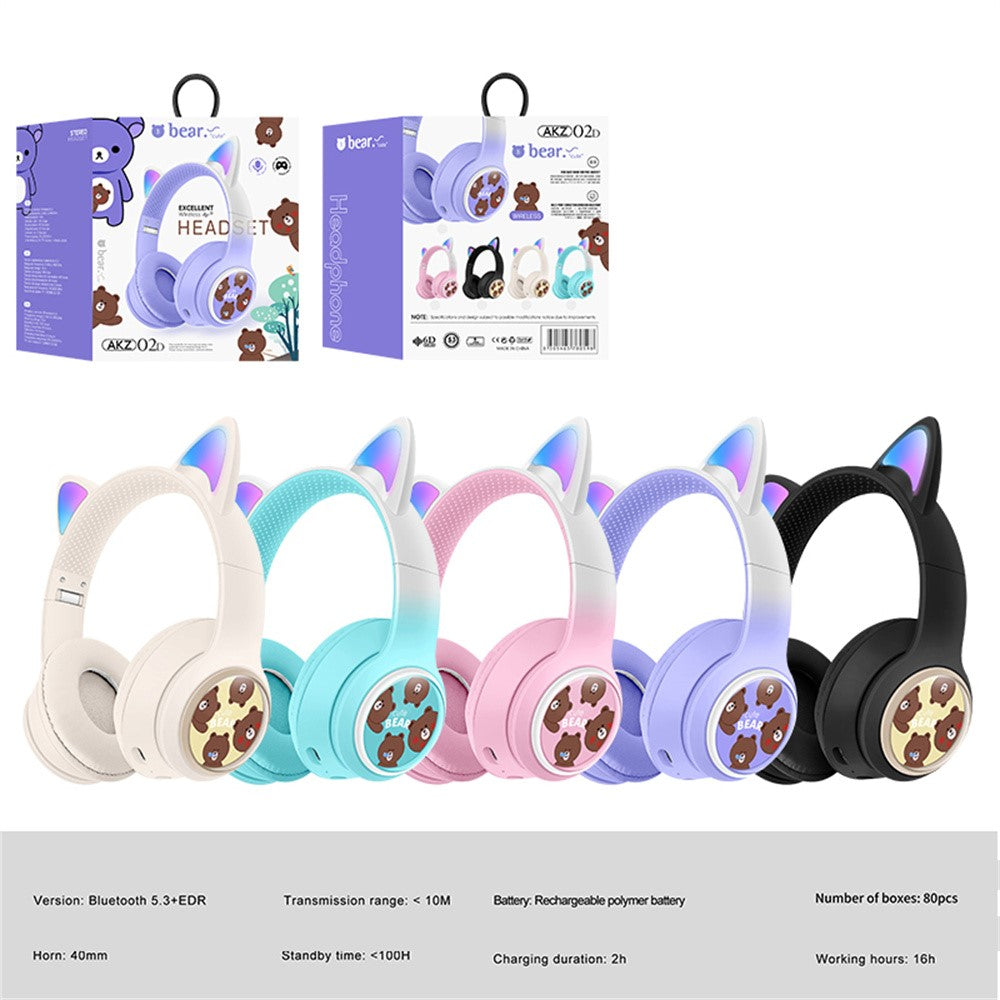 AKZ AKZ-02D Glowing Cat Ear Headphone Bluetooth-Compatible Wireless Deep Bass Gaming Headset