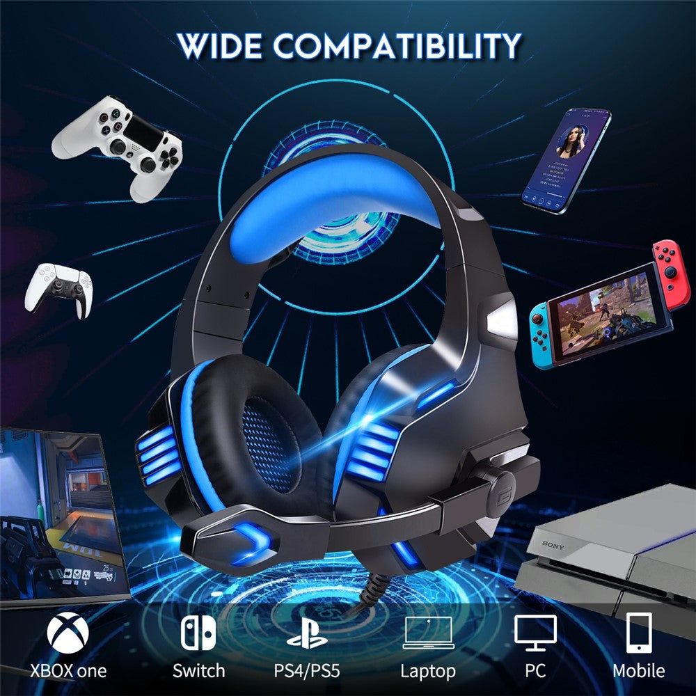 KOTION EACH V-3 Wired Gaming Headset for PS4 / PS5 LED Light Heavy Bass Over-Ear Headphone with Adapter Cable
