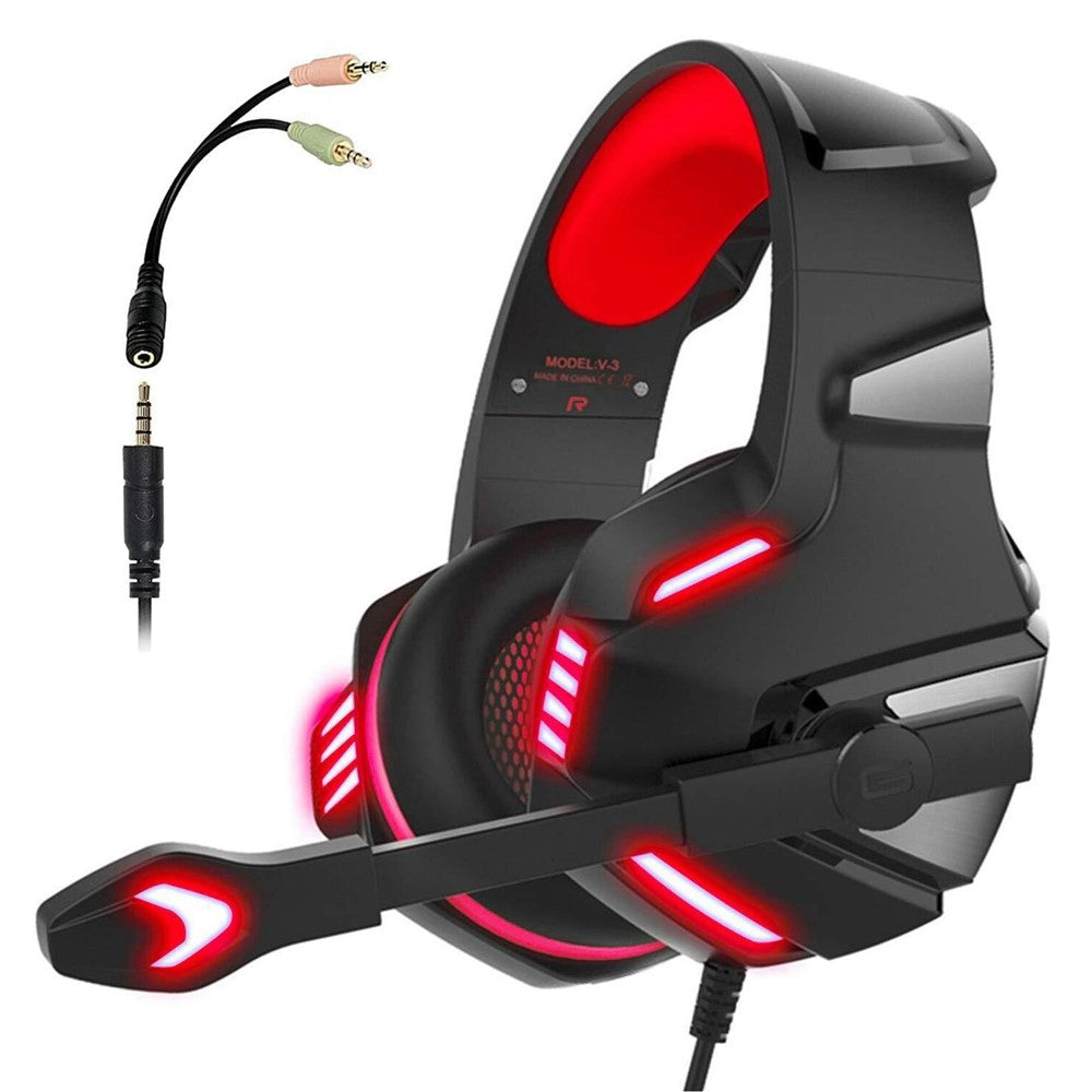 KOTION EACH V-3 Wired Gaming Headset for PS4 / PS5 LED Light Heavy Bass Over-Ear Headphone with Adapter Cable