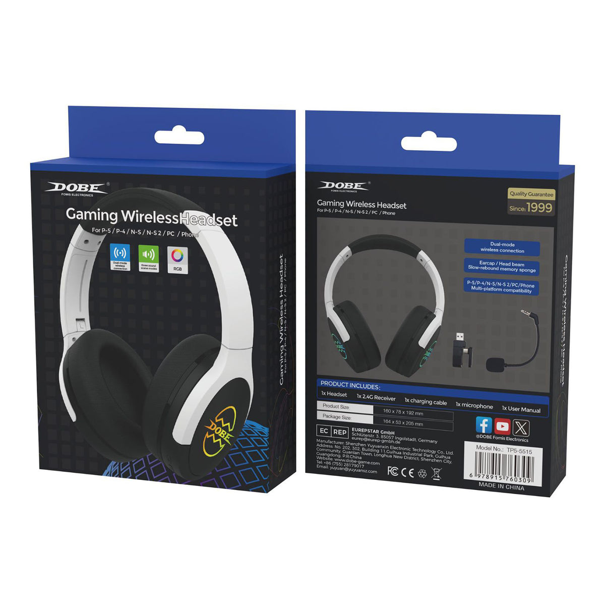 DOBE FOMIS ELECTRONICS TP5-5515 trådløst gamingheadset 2.4G Bluetooth-kompatible hovedtelefoner med RGB LED-mikrofon til PS5/PS4/Nintendo Switch/PC