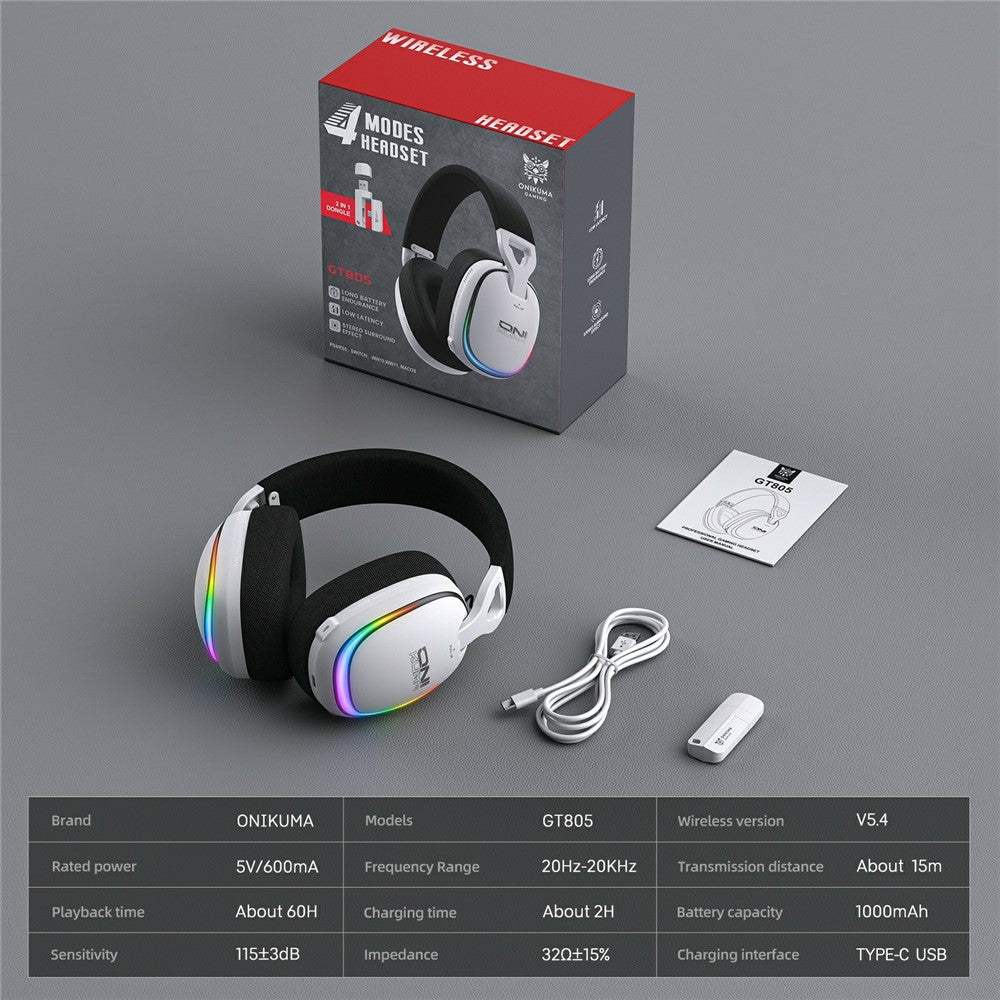 ONIKUMA GT805 4 Modes Wireless / Wired Gaming Headset Over-Ear Headphones with RGB Light
