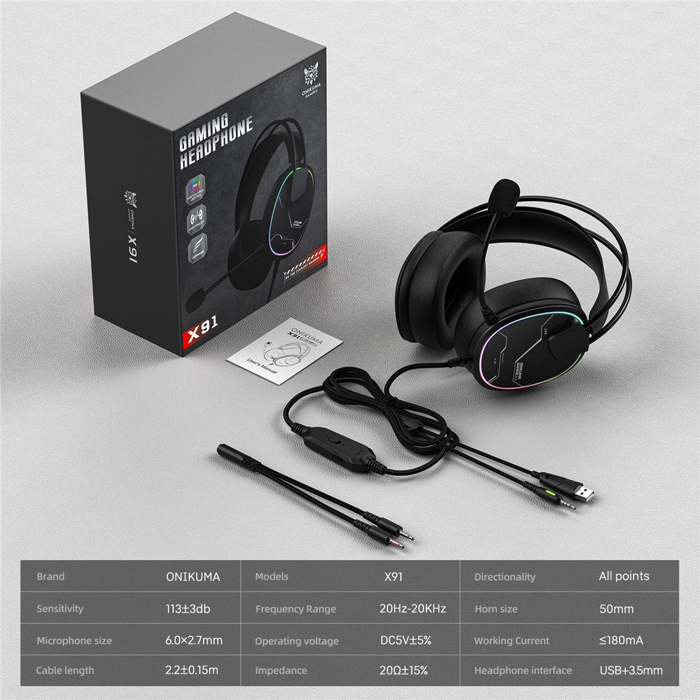 ONIKUMA X91 Gaming Headset Wired Over-Ear Headphones with Microphone RGB LED For PC  /  PS5  /  Gaming