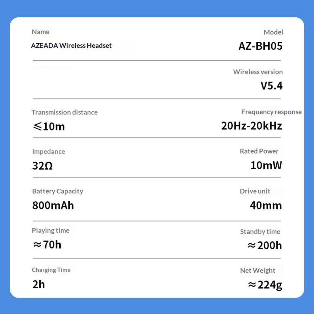 AZEADA Trådløse Bluetooth-kompatible hovedtelefoner 40 mm driver 70 timers spilletid 5.4 Metal Justerbare til musik