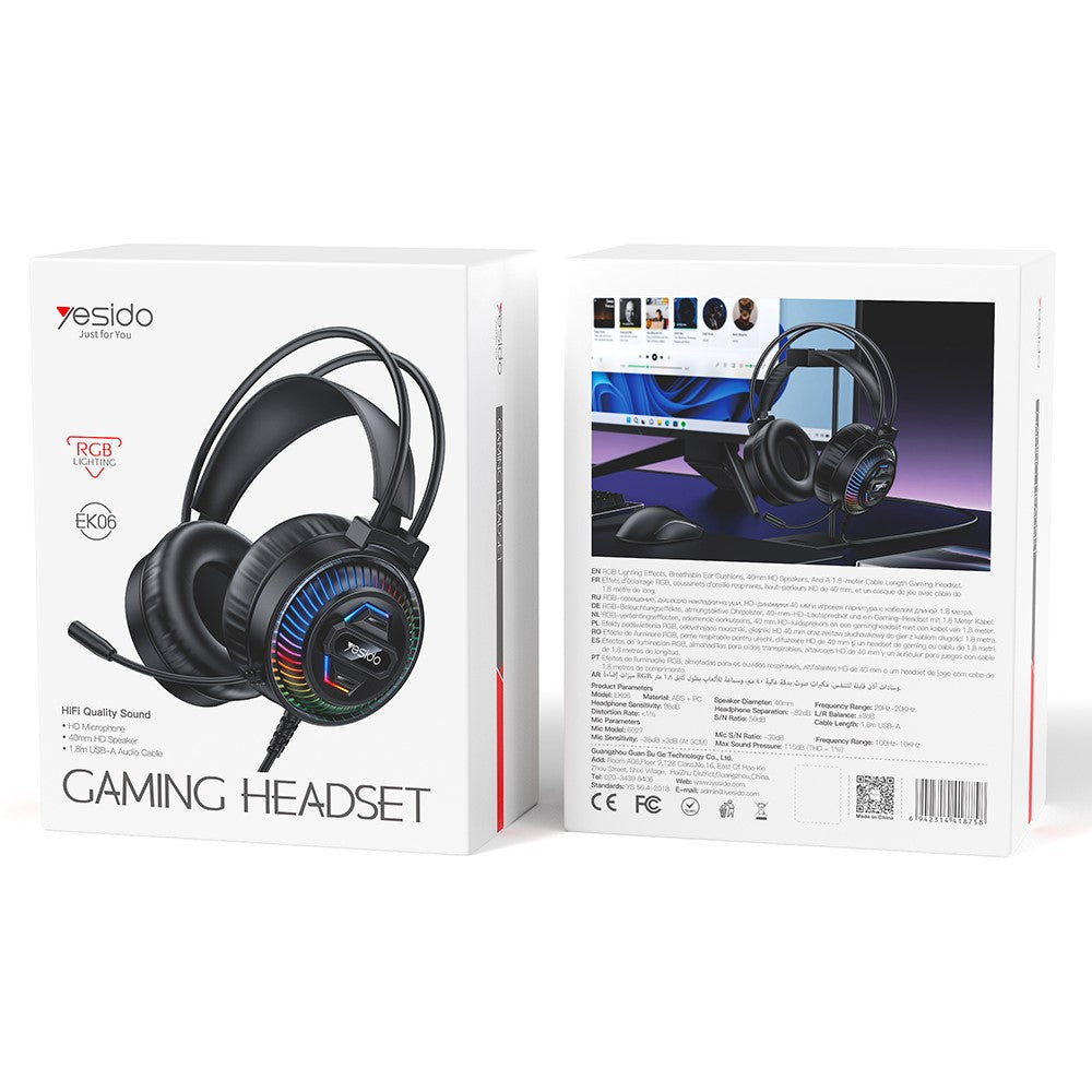 YESIDO EK06 Wired RGB Gaming Headset 40mm HD Speaker 360° Microphone Headphone for PC Computer