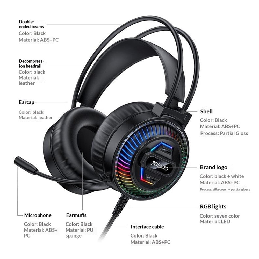 YESIDO EK06 Wired RGB Gaming Headset 40mm HD Speaker 360° Microphone Headphone for PC Computer
