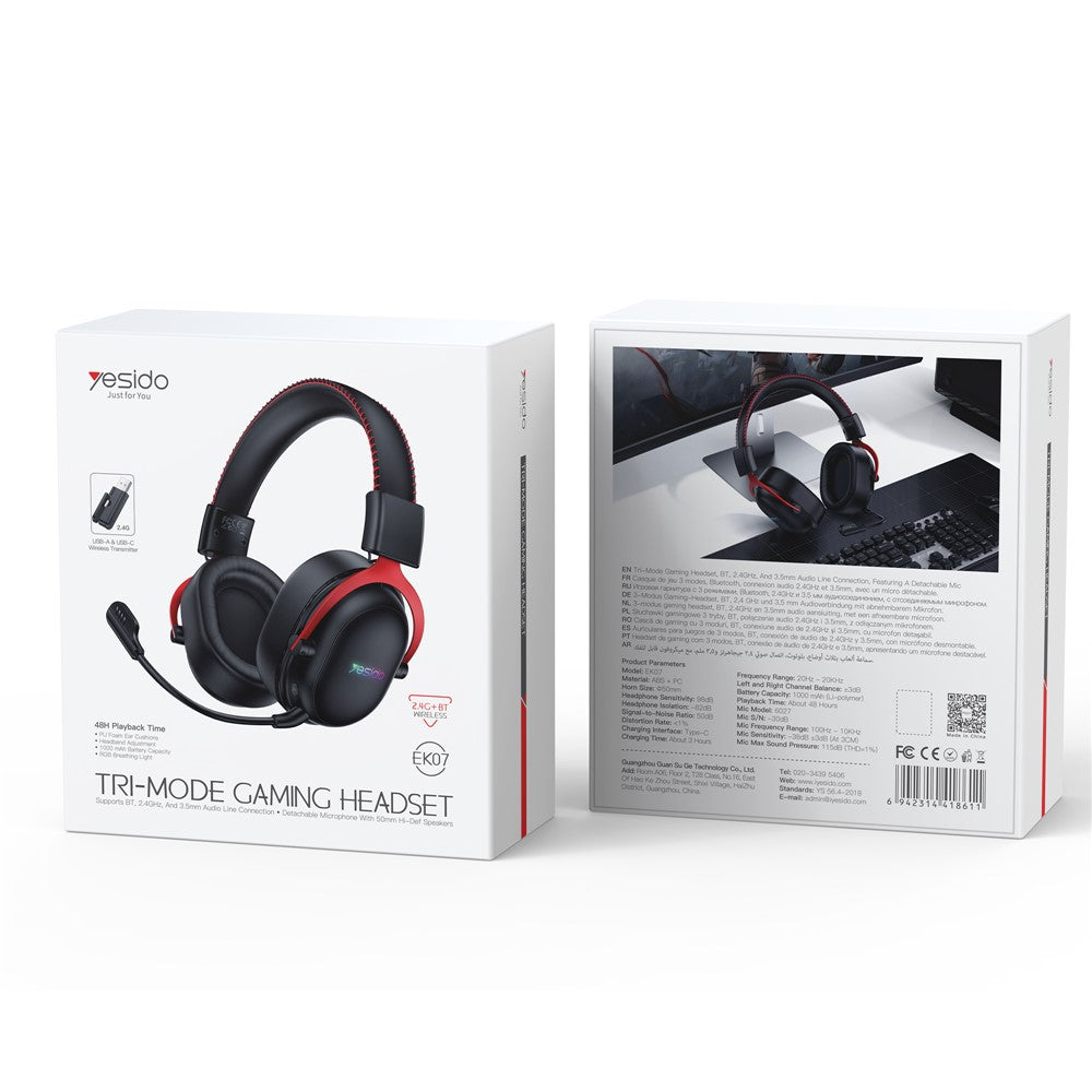 YESIDO EK07 Tri-Mode Gaming Headset Bluetooth-compatible 2.4G Wired Over Ear Headphones with Detachable Mic