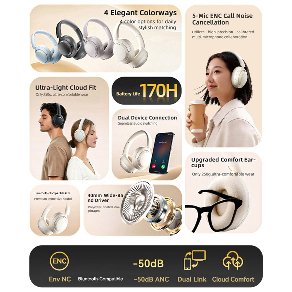 ZAODON YUNX Bluetooth-compatible Headphones 50dB ANC Noise Cancelling Over-Ear Wireless Headset