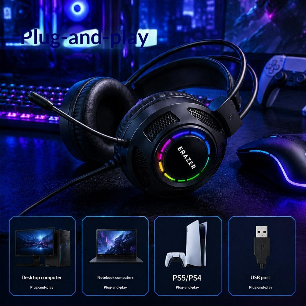 ERAZER HT68 1.8m USB Wired Gaming Headset 50mm Driver RGB Glow Over-Ear Headphone for Gaming (Invested By Lenovo)