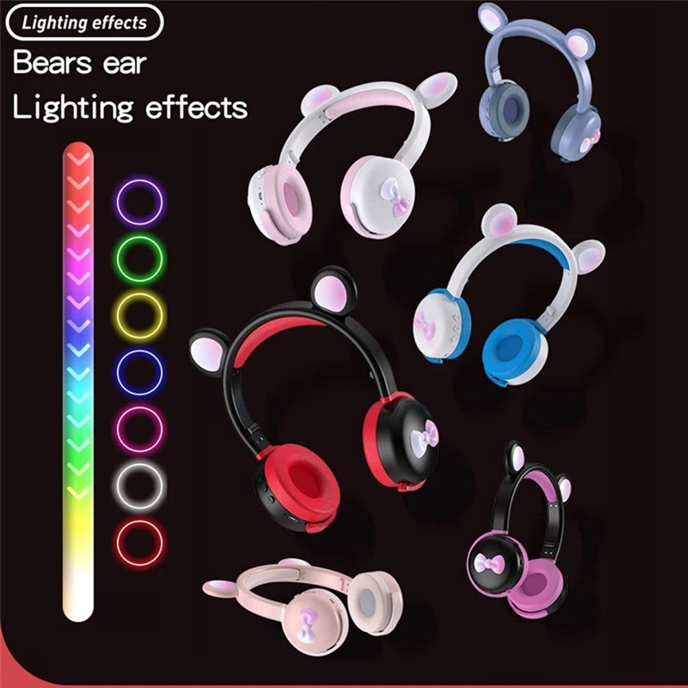 BK7 Søde Bjørne Trådløst Bluetooth-kompatibelt Headset Tegneserie LED Lys AUX-In Over-Ear Hovedtelefon Børnegave (CE Certificeret)