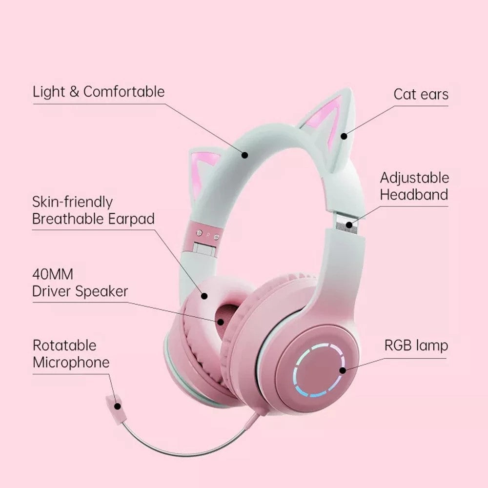 BT029C Bluetooth-kompatibelt trådlöst headset med avtagbar mikrofon RGB LED justerbara huvudmonterade hörlurar barn stereo musik kattöra fällbara hörlurar