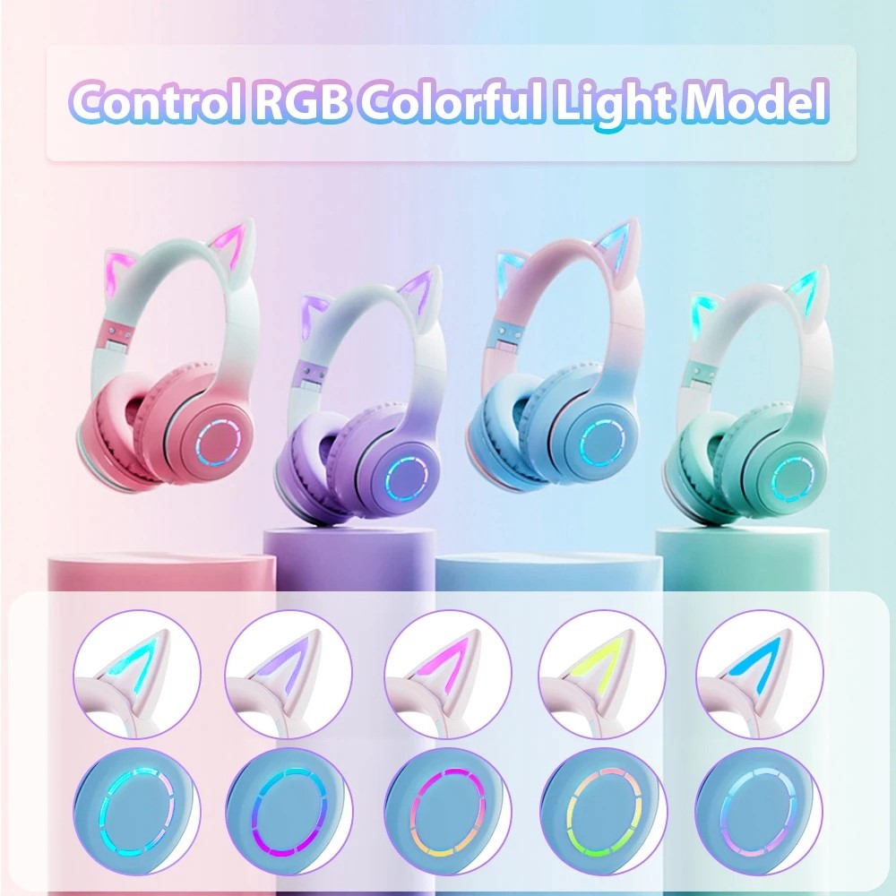 BT029C Bluetooth-kompatibelt trådlöst headset med avtagbar mikrofon RGB LED justerbara huvudmonterade hörlurar barn stereo musik kattöra fällbara hörlurar