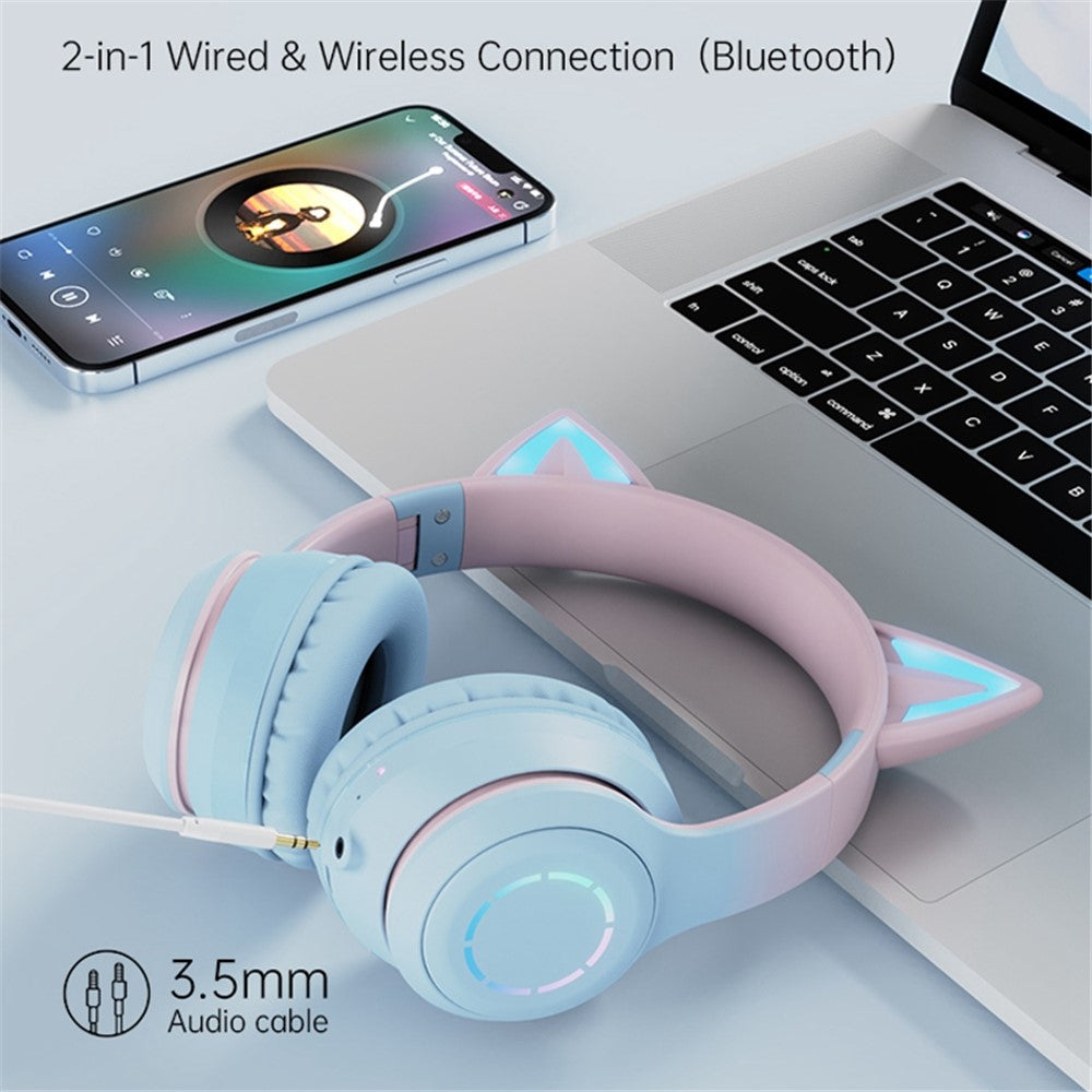 BT029C Bluetooth-kompatibelt trådlöst headset med avtagbar mikrofon RGB LED justerbara huvudmonterade hörlurar barn stereo musik kattöra fällbara hörlurar