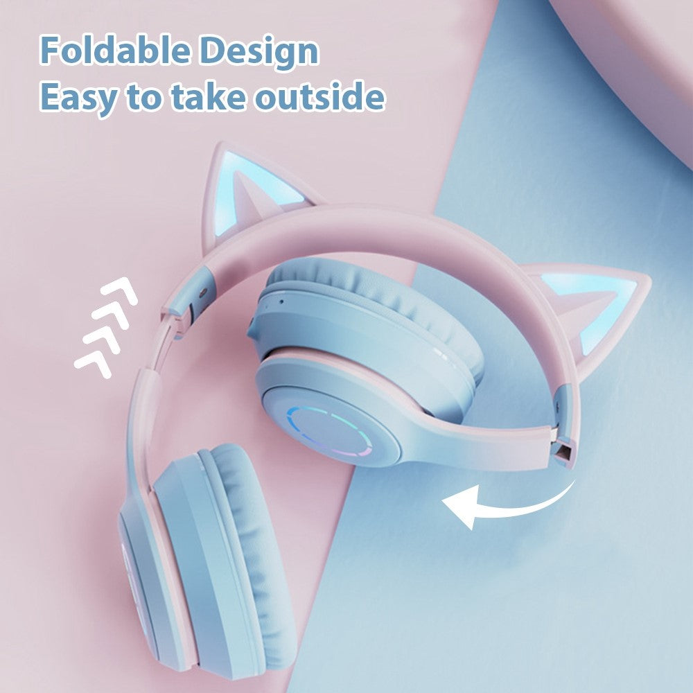 BT029C Bluetooth-kompatibelt trådlöst headset med avtagbar mikrofon RGB LED justerbara huvudmonterade hörlurar barn stereo musik kattöra fällbara hörlurar