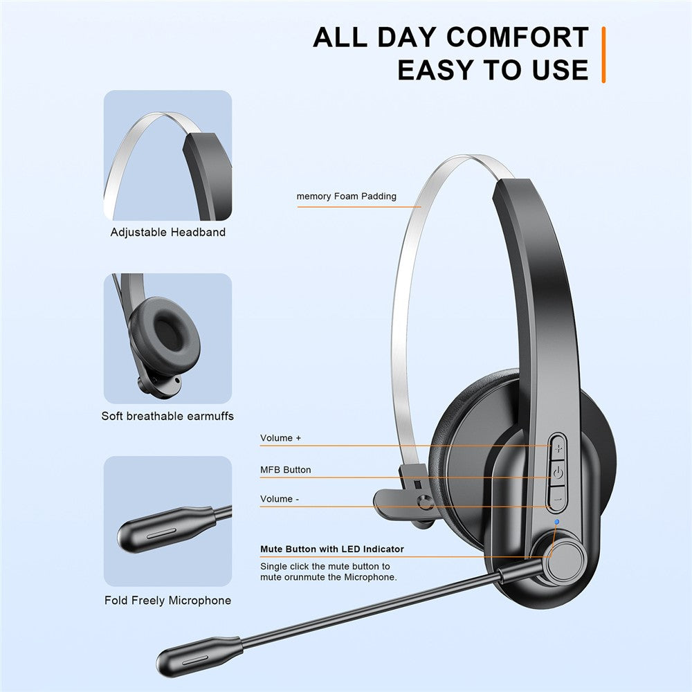 OY631 Bluetooth-kompatibelt 5.3 Headset Kundeservice Hovedtelefon med Mikrofon Støjreducerende Trådløst Headset til Lastbilchauffører
