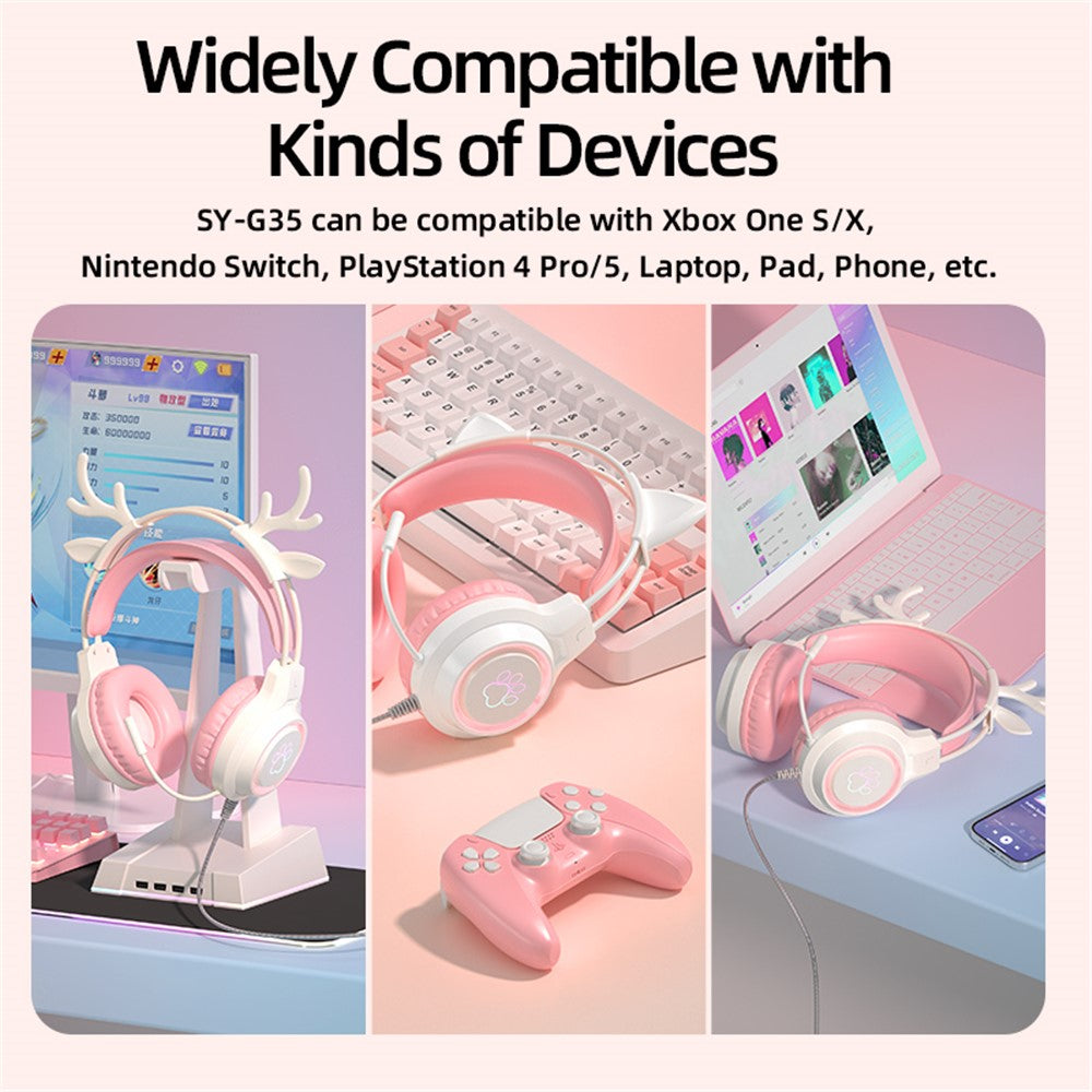 G35 Detachable Cat Ears PC Gaming Headset Wired Over-ear Headphones with Mic