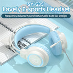 G35 Detachable Cat Ears PC Gaming Headset Wired Over-ear Headphones with Mic