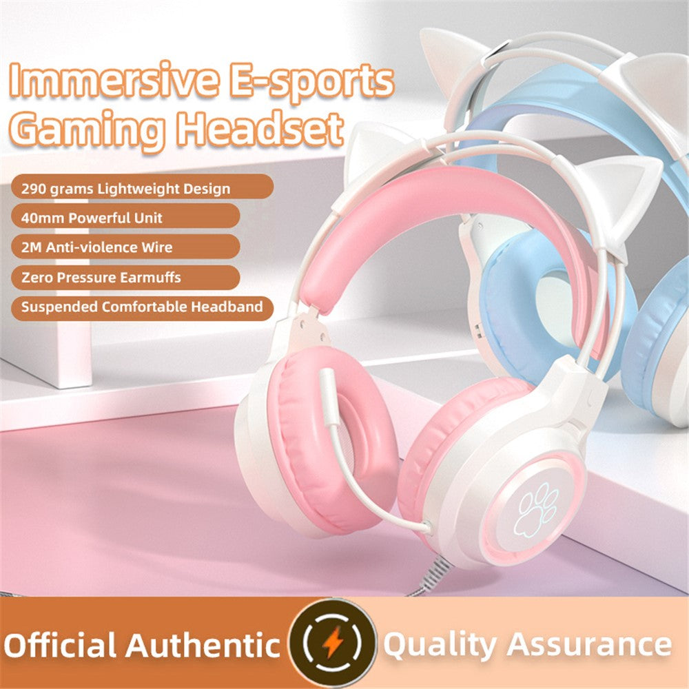 G35 Detachable Cat Ears PC Gaming Headset Wired Over-ear Headphones with Mic
