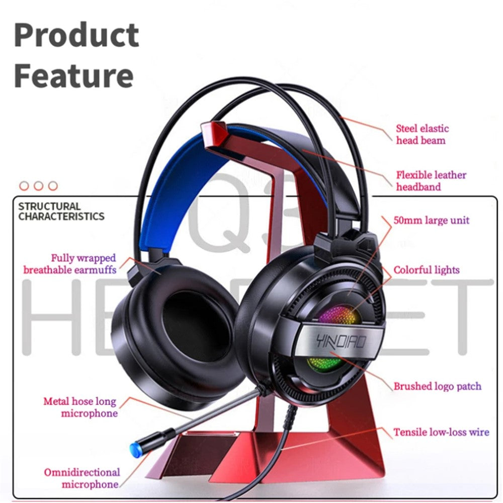 YINDIAO Q3 LED-belyst Gaming Headset E-sport USB + Dobbelt 3,5 mm AUX Kablede Hovedtelefoner