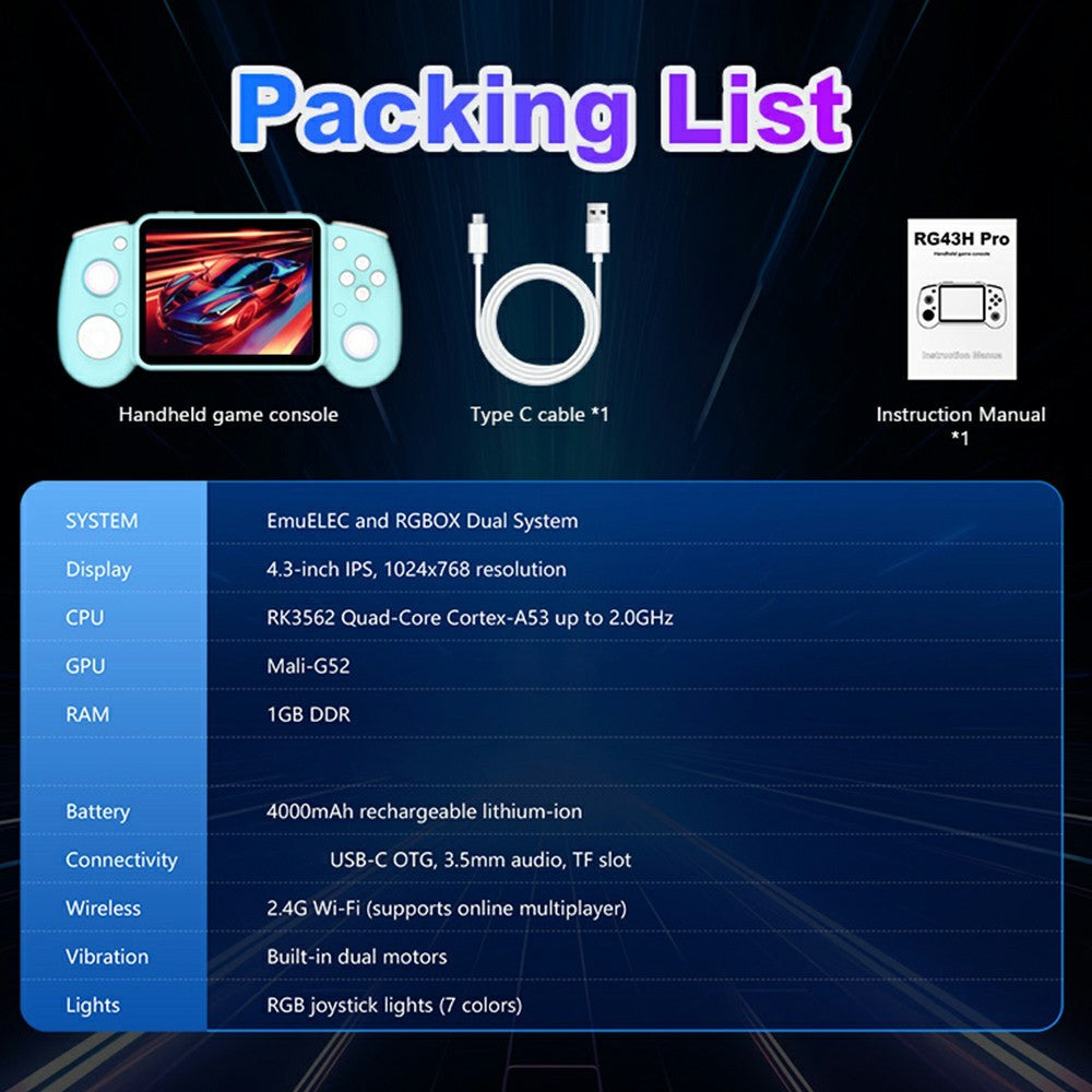 AISLPC RG43H Pro Handheld Game Console with 128GB TF Card 4.3 Inch IPS Screen Dual System RK3562 Quad Core WiFi RGB Joystick