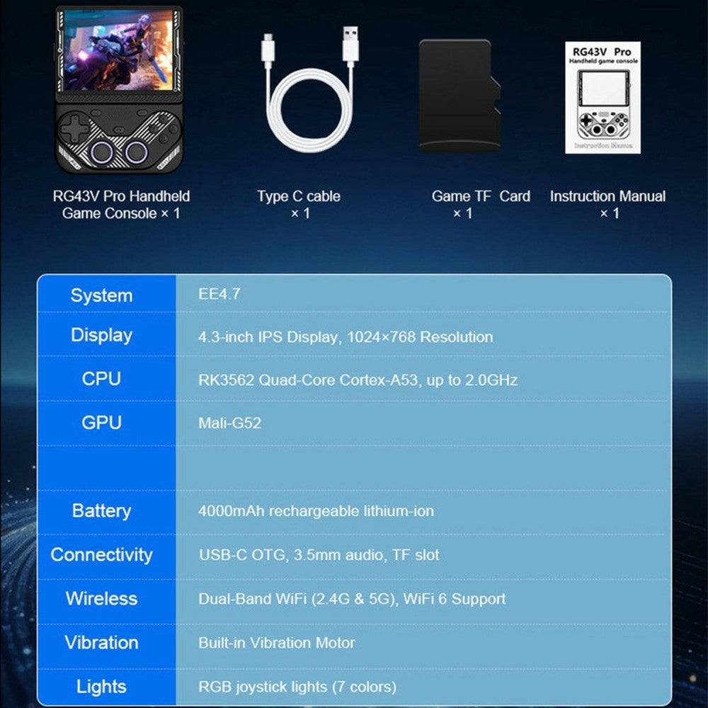 AISLPC RG43V PRO Handheld Game Console with 64GB TF Card RK3562 Quad Core 4.3 Inch IPS HD Screen 4000mAh Battery Dual Band WiFi