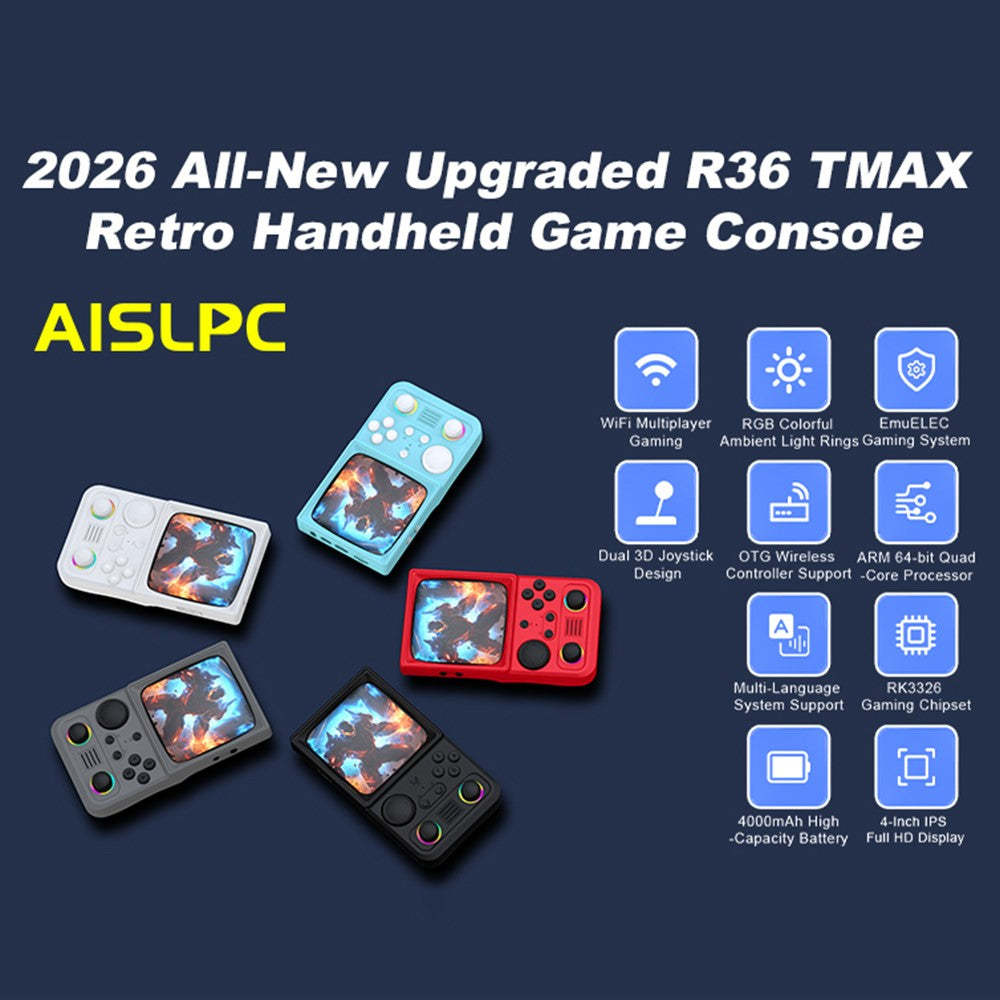AISLPC R36T MAX retro-spillekonsol med 64GB TF-kort 4,0 tommer IPS buet skærm dobbelte 3D-joysticks RGB WiFi håndholdt gamepad