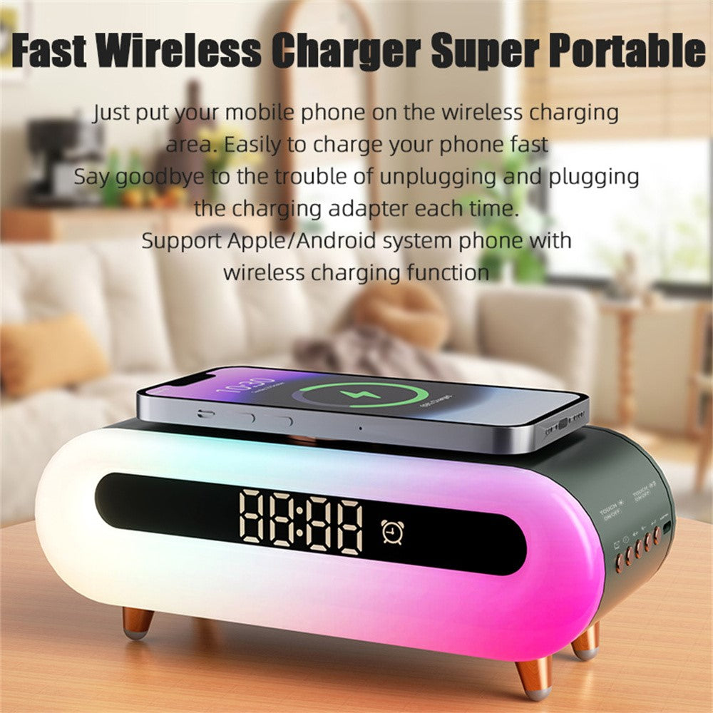 S608 Multifunctional Wireless Speaker Clock Bedside Lamp with Wireless Charging RGB Night Light