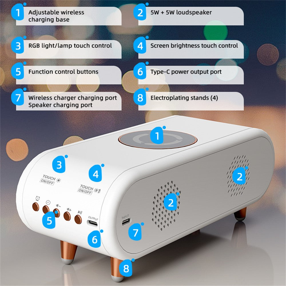 S608 Multifunctional Wireless Speaker Clock Bedside Lamp with Wireless Charging RGB Night Light