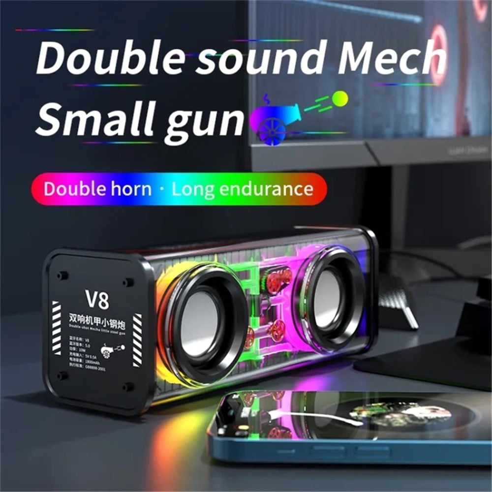V8 Transparent Mecha Musikhøjttaler Bluetooth-kompatibel 5.0 Trådløs Subwoofer med RGB-lys