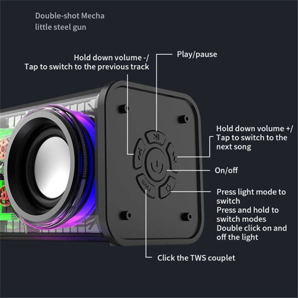 V8 Transparent Mecha Musikhøjttaler Bluetooth-kompatibel 5.0 Trådløs Subwoofer med RGB-lys