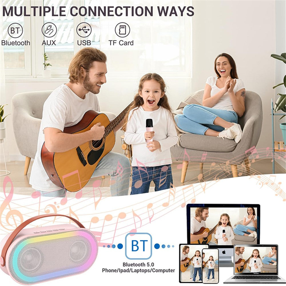 P6 Hjemme-karaokemaskine LED-belysning Bluetooth-kompatibel højttaler med 2 trådløse mikrofoner til børn og voksne