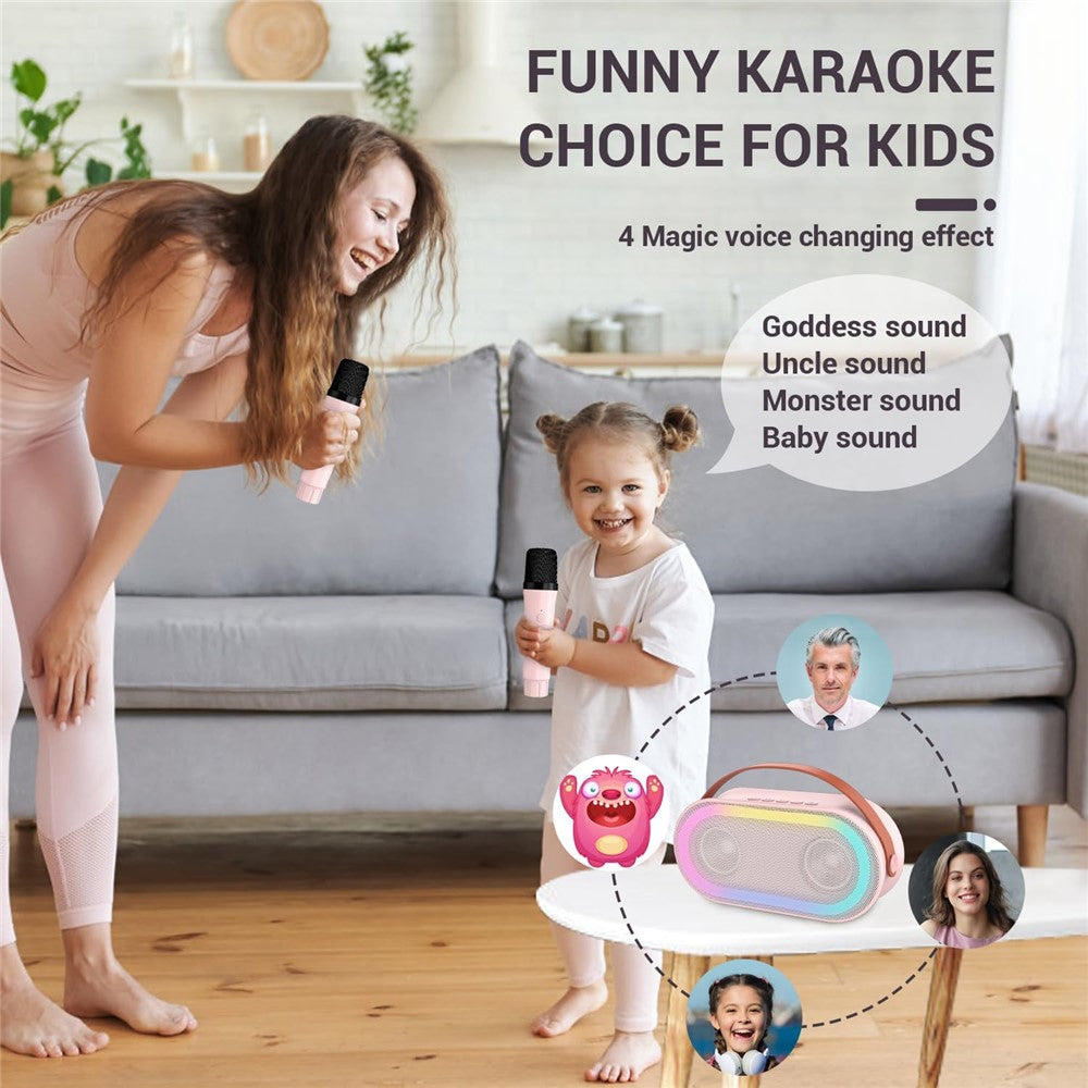P6 Hjemme-karaokemaskine LED-belysning Bluetooth-kompatibel højttaler med 2 trådløse mikrofoner til børn og voksne