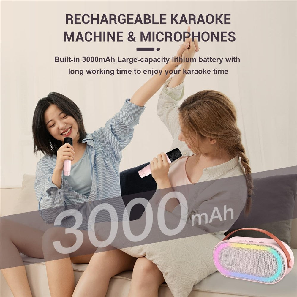 P6 Hjemme-karaokemaskine LED-belysning Bluetooth-kompatibel højttaler med 2 trådløse mikrofoner til børn og voksne