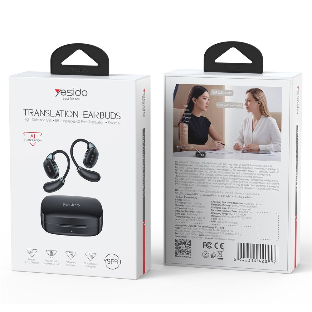 YESIDO YSP33 AI Oversættelses-Earbuds Ørekrog Bærbar Real Time Bluetooth-kompatibel 5.4 Åbne Øre-Hovedtelefoner
