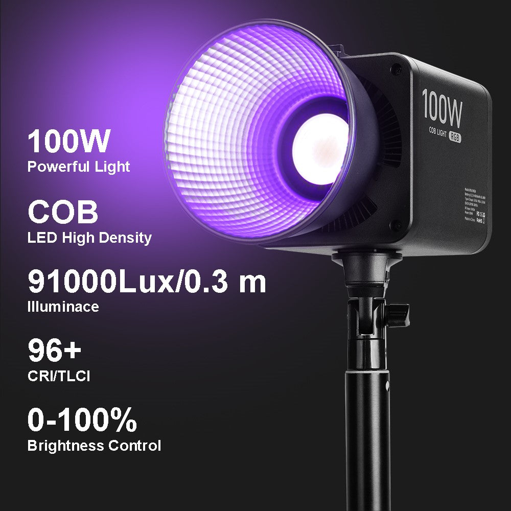 VLOGLITE P100RGB 100W COB Video Light 2700K-6500K CRI96+ Rechargeable Studio Lighting Wireless Photography Lamp